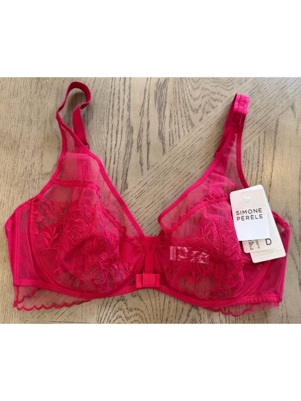 Simone Pérèle Romance Plunge Bra 38D Cranberry Pink Mesh Lace Bow Detail NEW